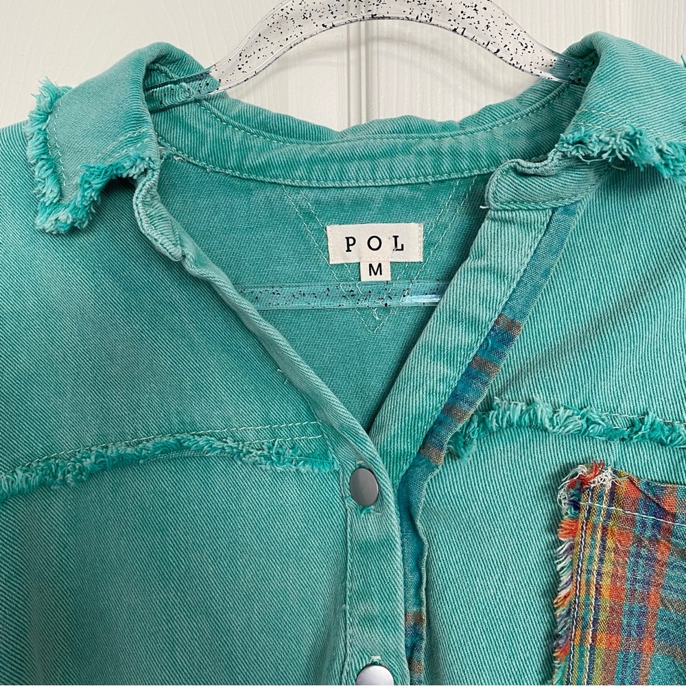 POL Shacket Women’s Medium Teal Denim Plaid Patchwork Distressed Oversized - Picture 6 of 13
